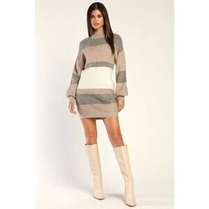 NWT Lulus Casually Comfy Taupe Multi Striped Mock Neck Sweater Dress